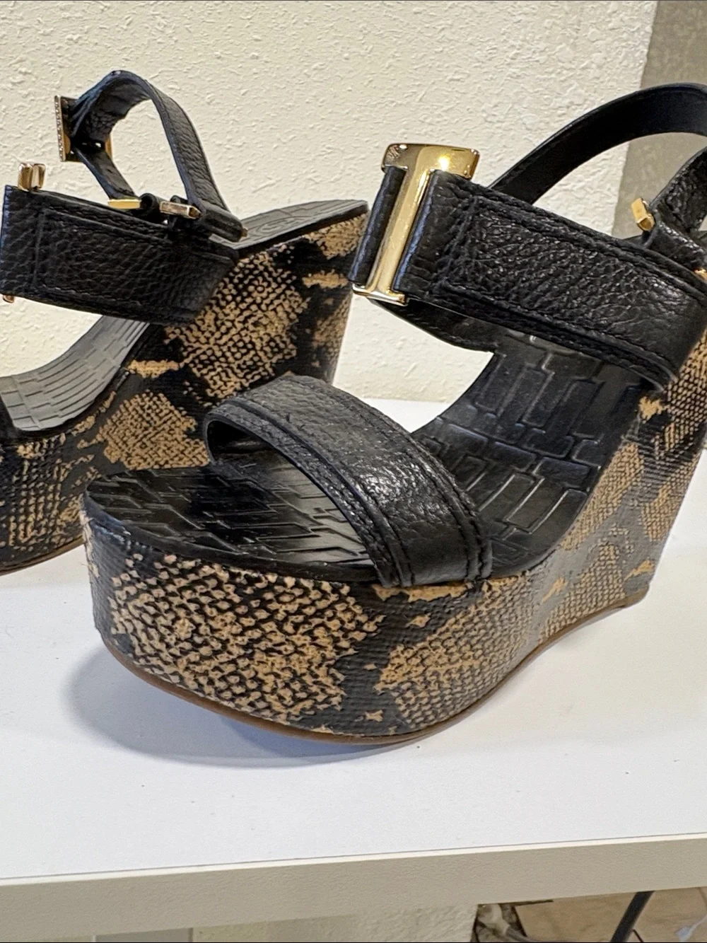 Tory Burch Black and Tan Snake-Print Platform Wedge Sandals with Gold Buckles
